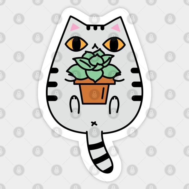 Gray Tabby Cat with Succulent Plant Sticker by Noristudio